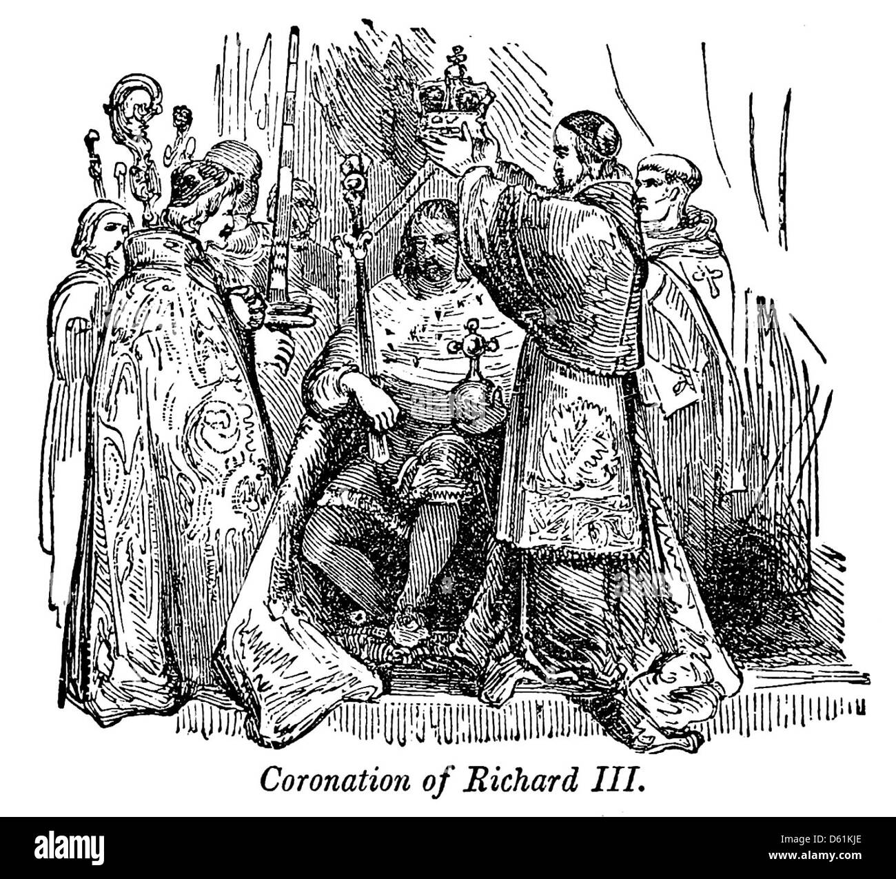 Questa immagine del 1854 tratta da "A Pictorial History of England" mostra una rappresentazione di Riccardo III, uno dei re più controversi d'Inghilterra, che cattura un momento storico nella stirpe reale del paese. Foto Stock