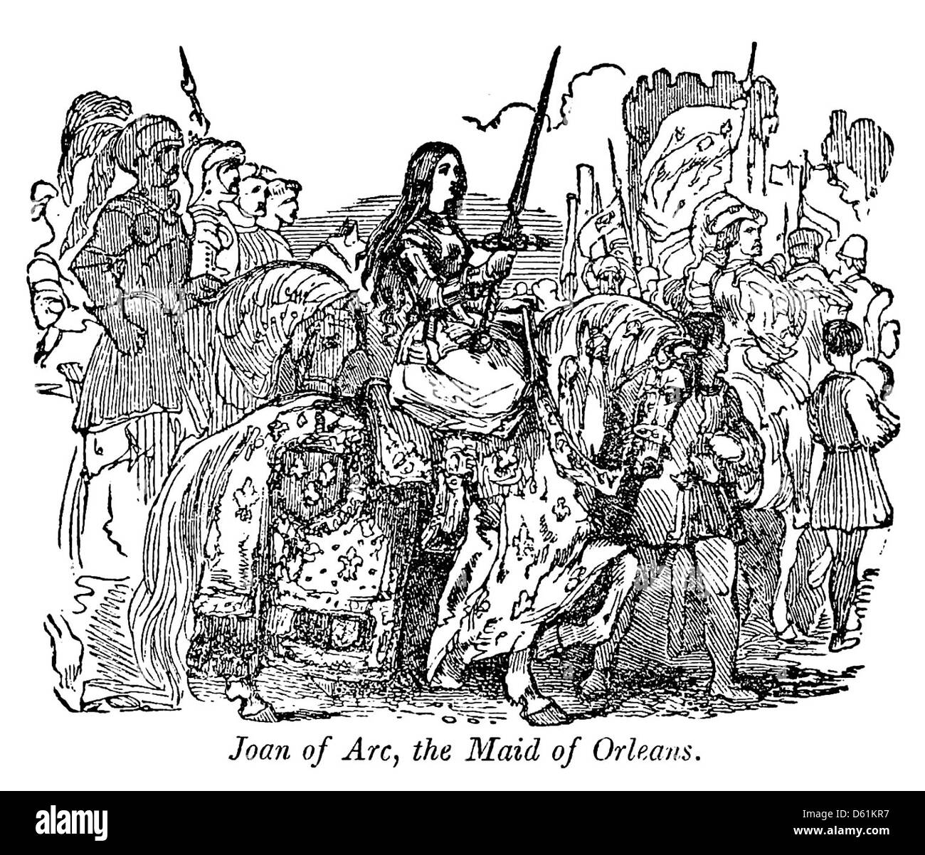 Questa immagine del 1854 tratta da "Una storia pittorica d'Inghilterra" raffigura Giovanna d'Arco, la cameriera d'Orleans, nota per il suo ruolo fondamentale nella guerra dei cent'anni. L'illustrazione cattura il suo significato storico e il simbolismo del suo coraggio e della sua leadership nella Francia medievale. Foto Stock