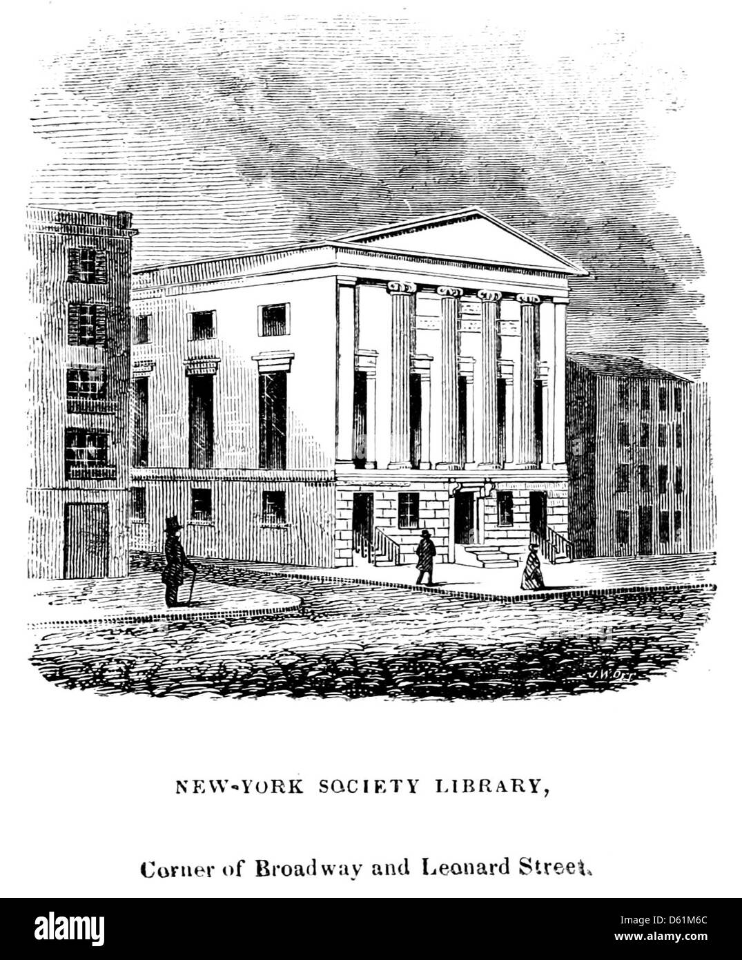 Un'illustrazione del 1846 da una guida a New York City, che mostra l'incrocio tra Broadway e Leonard Street. L'immagine offre uno sguardo storico sullo sviluppo urbano di New York a metà del XIX secolo. Foto Stock