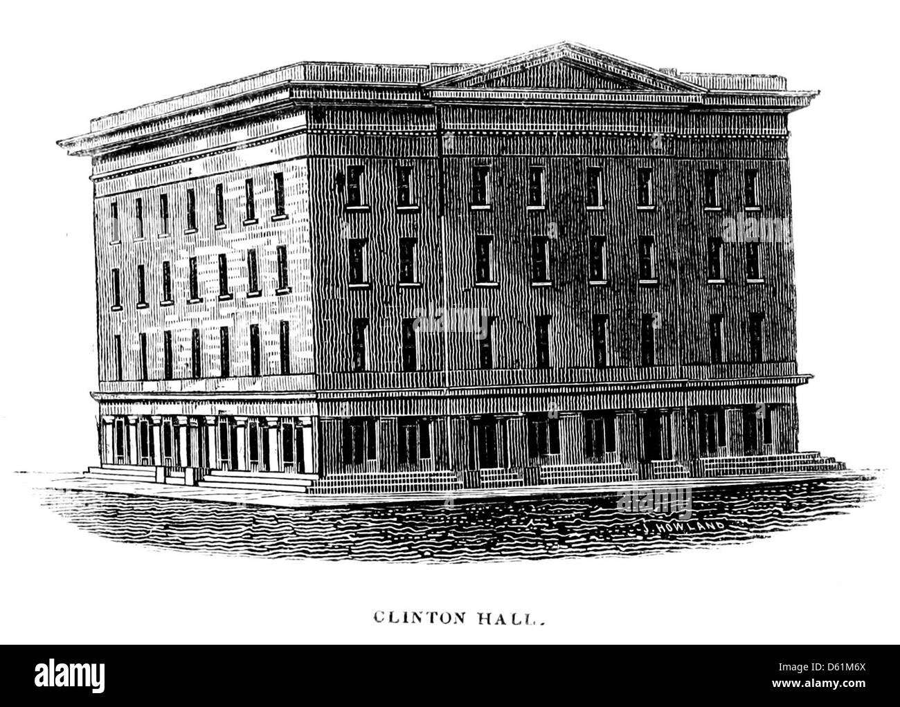 Un'illustrazione del 1846 raffigurante Clinton Hall a New York City. Clinton Hall fu un luogo d'incontro chiave durante il XIX secolo, situato nel cuore di New York. Era un luogo importante per vari eventi pubblici, fornendo uno spazio di incontro culturale e intellettuale. Foto Stock