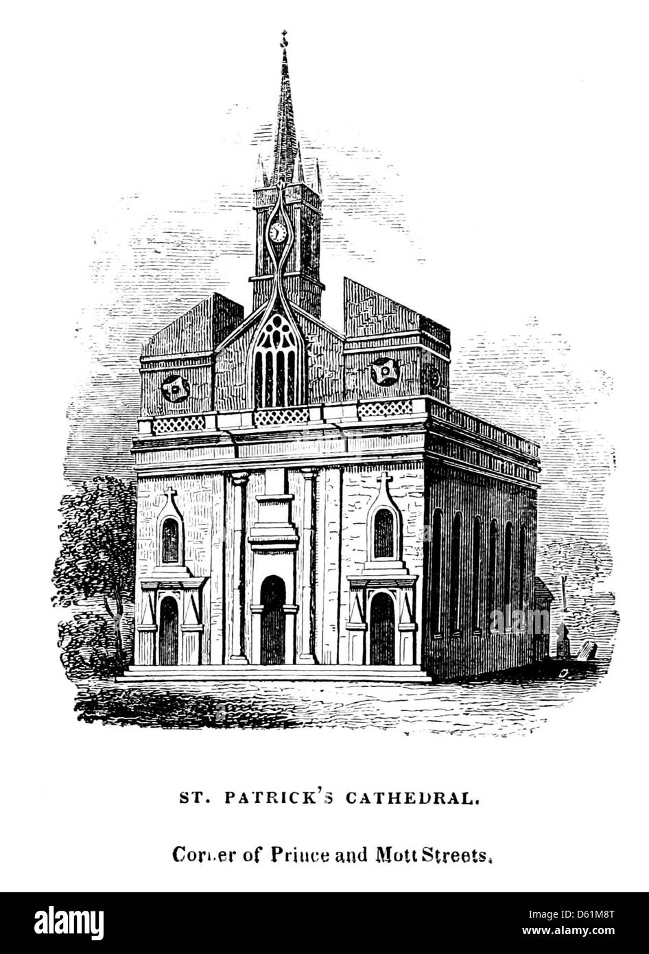 Un'illustrazione del 1846 che mostra l'intersezione tra Prince Street e Mott Street a New York, con vista sulla cattedrale di San Patrizio in lontananza. Questa immagine storica offre un'istantanea della vita urbana della metà del XIX secolo. Foto Stock