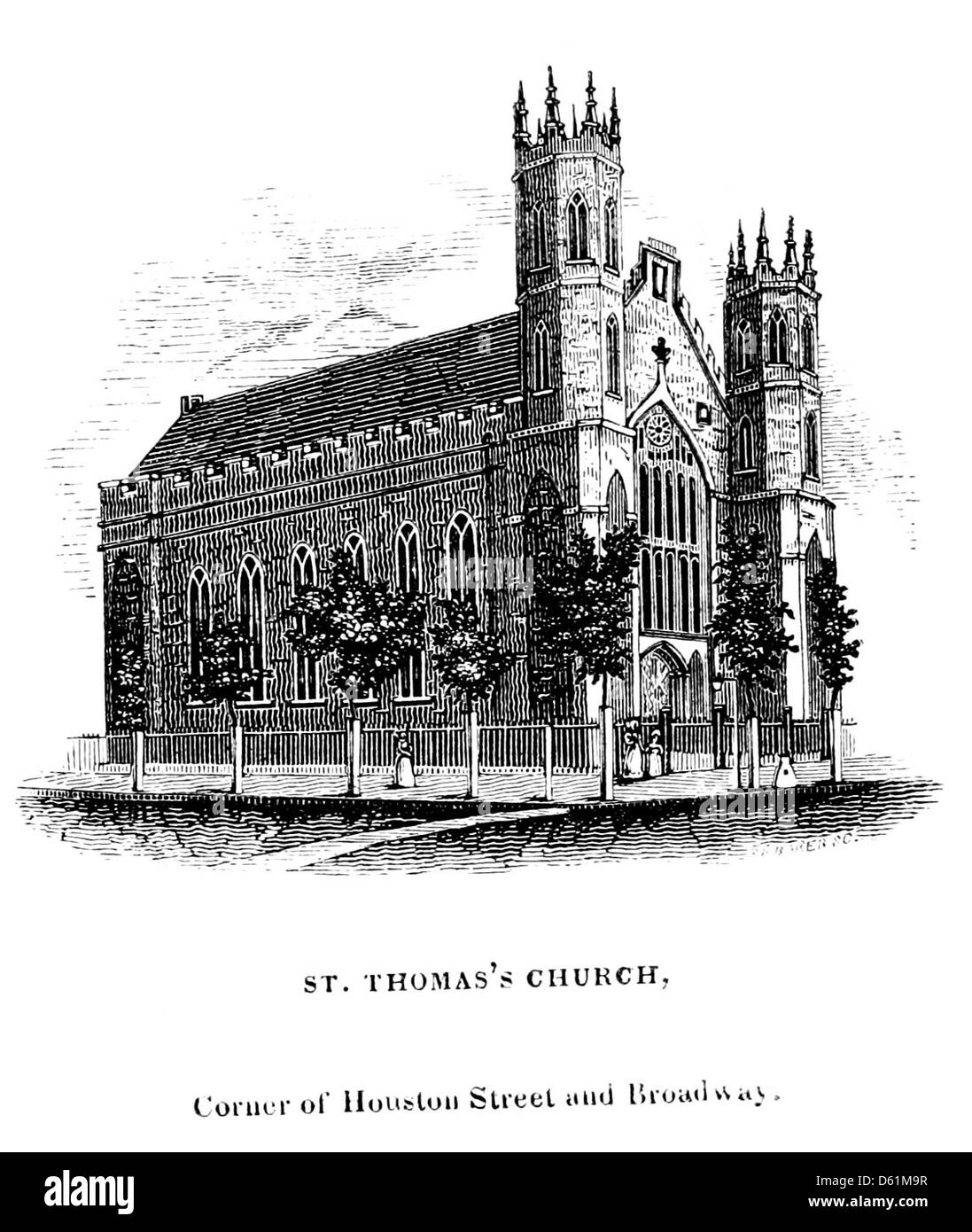 Un'illustrazione tratta da "A Picture of New York in 1846", che presenta l'angolo tra Houston Street e Broadway, con la Chiesa di St. Thomas visibile, che offre uno sguardo sulla vita di New York del XIX secolo. Foto Stock