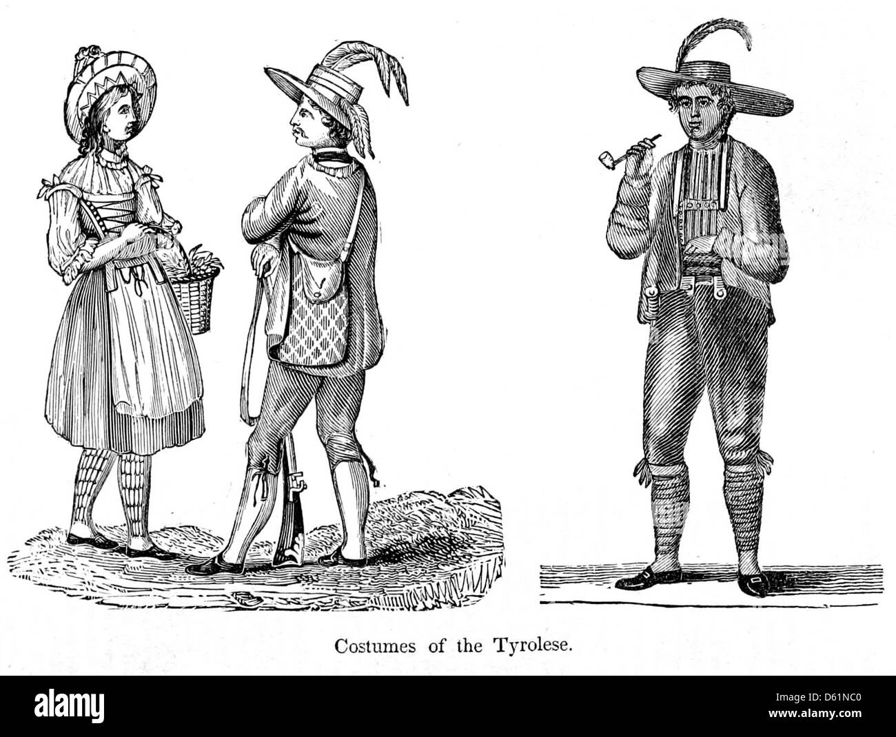 Un ingresso da "Una popolare Ciclopedia della storia" che descrive i costumi tirolesi. Il riferimento include informazioni sull'abbigliamento tradizionale della regione Tirolo, che mostra il significato culturale e storico di questi costumi nella storia europea. Foto Stock