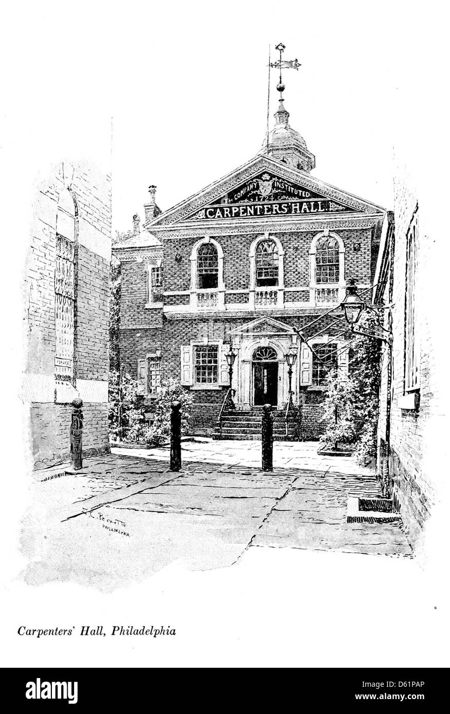 Un'immagine tratta dal libro del 1917 "A Revolutionary Pilgrimage", raffigurante la Carpenters' Hall a Philadelphia, un luogo chiave nella storia antica degli Stati Uniti e il luogo del primo Congresso continentale nel 1774. Foto Stock