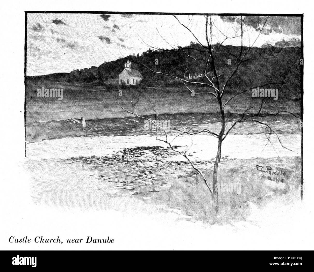 Un libro del 1917 che documenta un viaggio legato alla Rivoluzione americana, probabilmente incentrato su siti rivoluzionari come una chiesa castello vicino al Danubio, riflettendo sulla connessione dell'Inghilterra con la Guerra d'indipendenza. Foto Stock