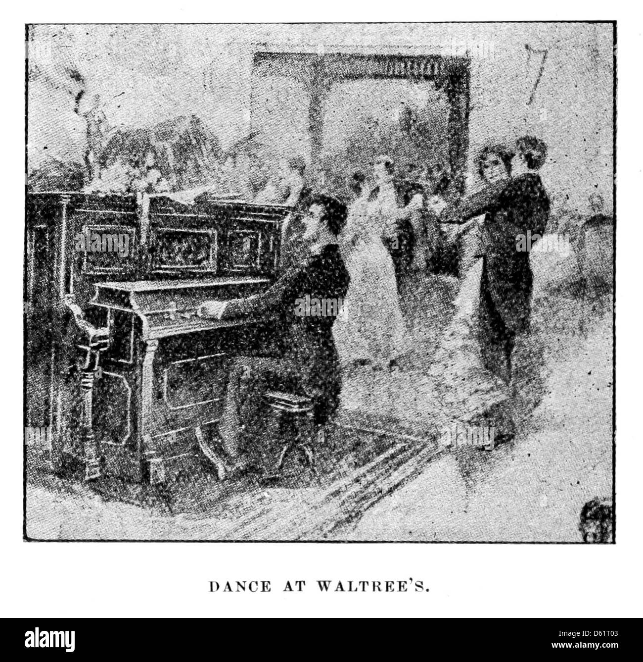 Questa immagine del 1900 presenta una rappresentazione artistica di "Una rosa che ha salvato", con elementi di danza e musica per pianoforte, che evocano un senso di performance ed espressione artistica. Foto Stock