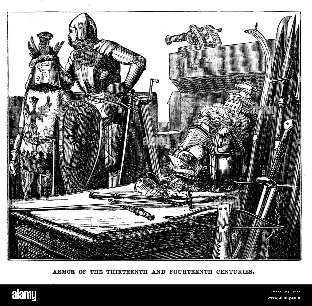 Un'illustrazione tratta da "storia scolastica della Germania", che illustra in dettaglio le armature del XIII e XIV secolo. L'immagine fornisce uno sguardo sulla guerra medievale e sulla moda militare dell'epoca, tra cui cavalieri corazzati e equipaggiamento da battaglia del Medioevo. Foto Stock