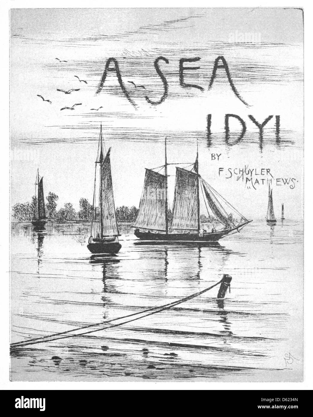 Un dipinto del 1889 intitolato "A Sea Idyl", che mostra una nave a vela che naviga nell'oceano aperto. Le opere d'arte riflettono la tranquilla ma potente essenza dei viaggi in mare durante la fine del XIX secolo, catturando la bellezza e la maestosità dell'esplorazione marittima. Foto Stock