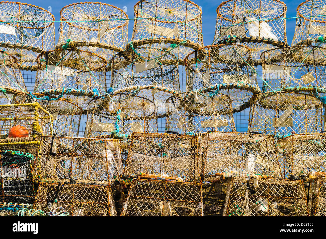Aragosta bicchieri impilati sul quay nella città di pescatori di Brixham, Devon, Inghilterra. Foto Stock