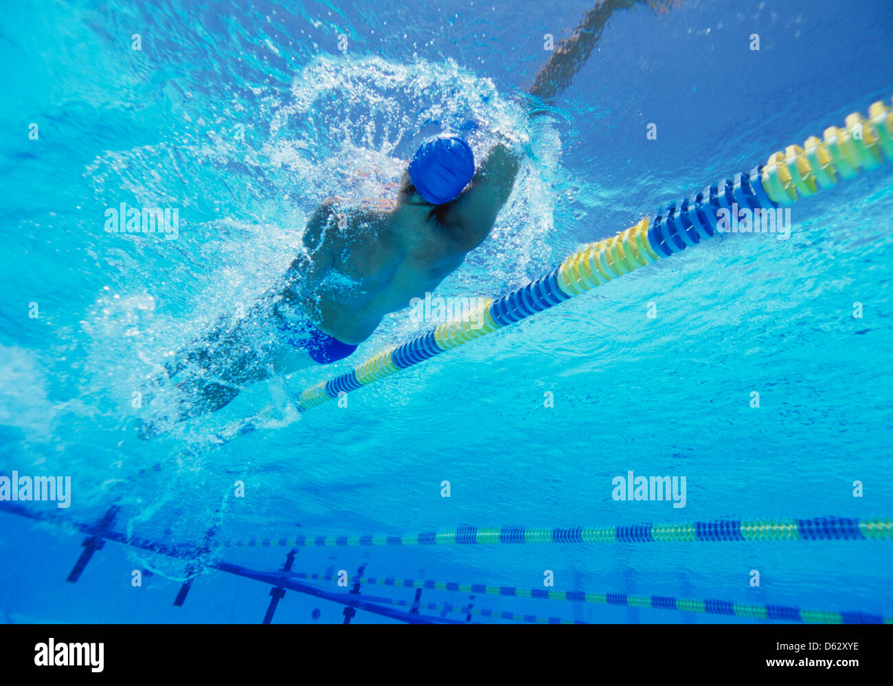 Giovane maschio professionale thlete facendo dorso in piscina Foto Stock