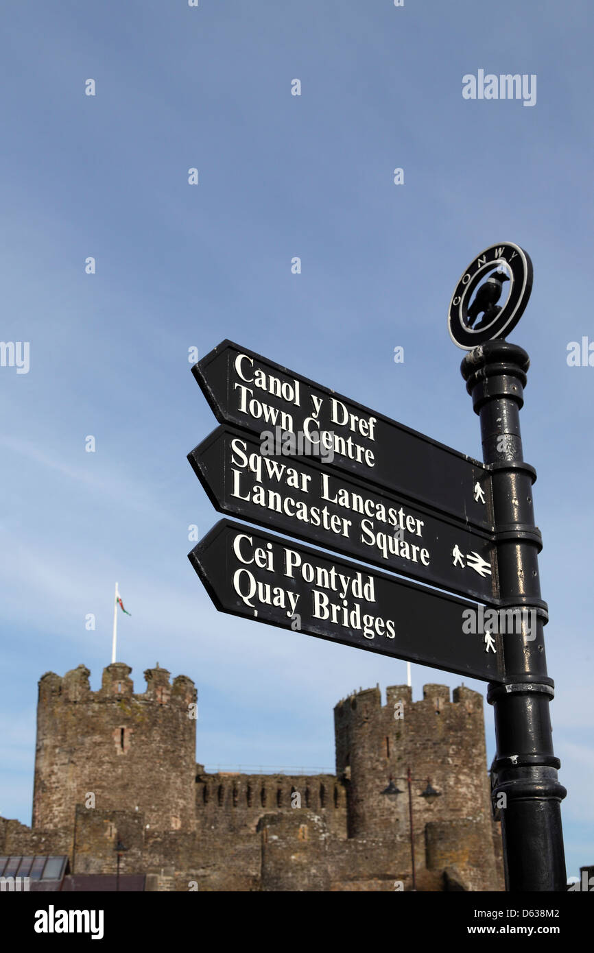 I punti di interesse locali sono elencati su un segno da Conwy Castle in Galles. Foto Stock