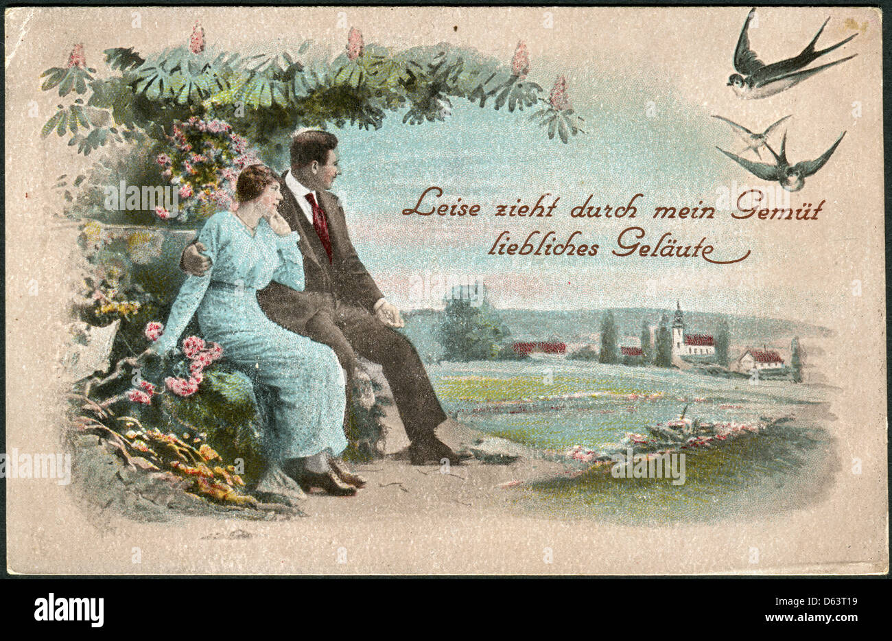 Vecchia cartolina tedesca 1908. Mostra un paio di amore. Foto Stock