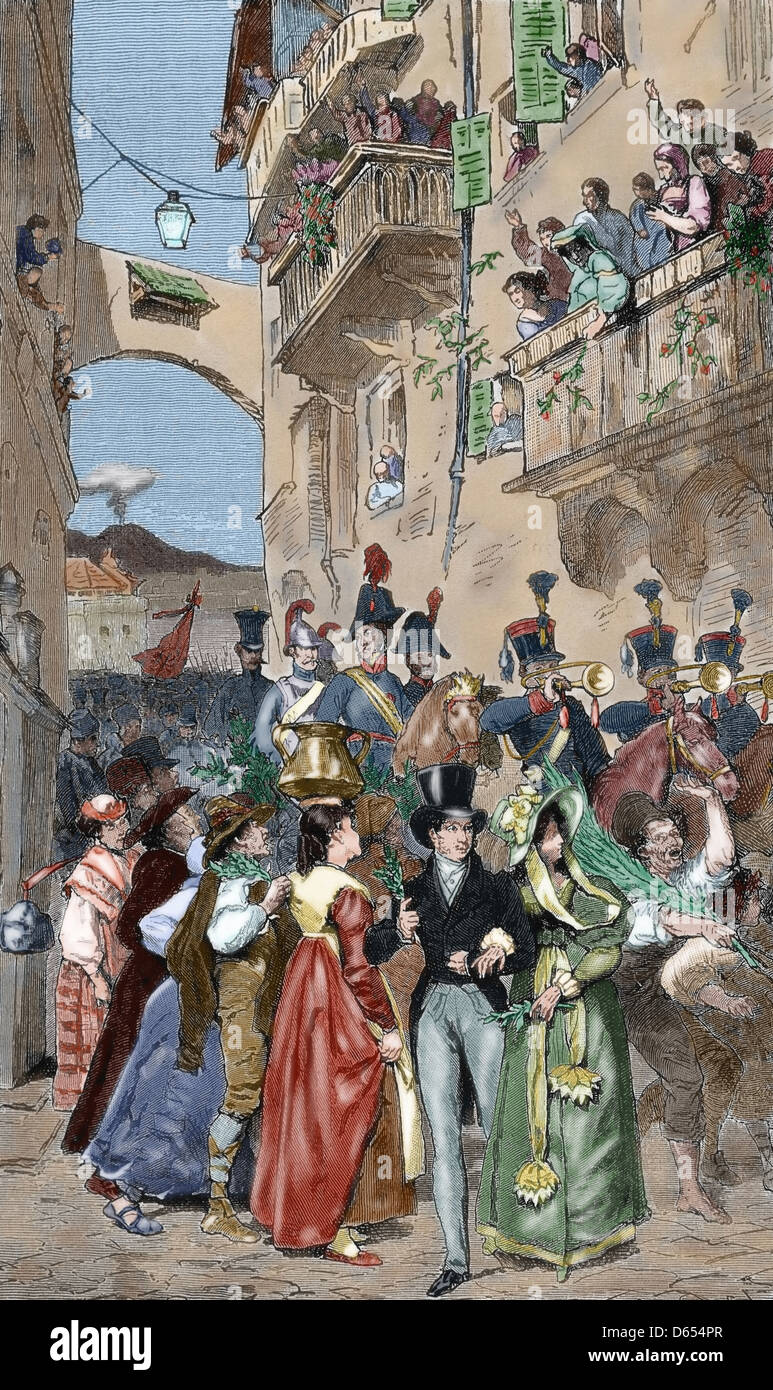 1820 rivoluzione. Napoli. Le truppe austriache in arrivo a Napoli per sedare la rivolta iniziata da Carbonari. Foto Stock
