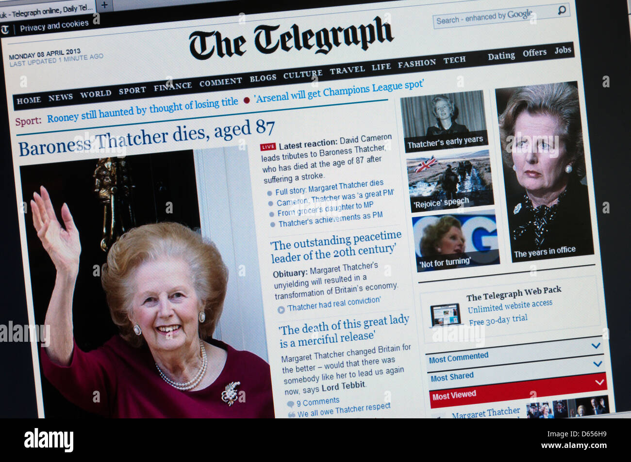 La morte di Margaret Thatcher ha annunciato sul sito web del quotidiano Telegraph. Foto Stock