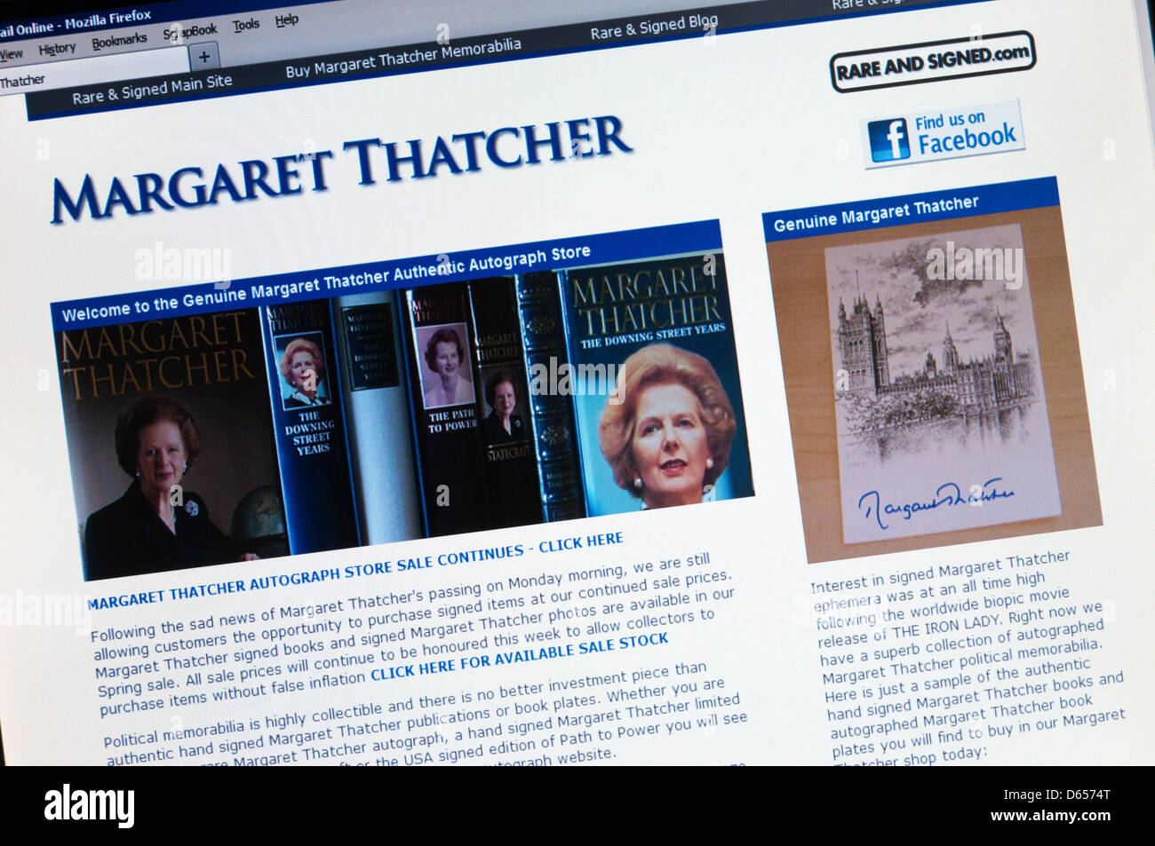 Margaret Thatcher memorabilia in vendita nelle rare e firmato il sito web. Foto Stock