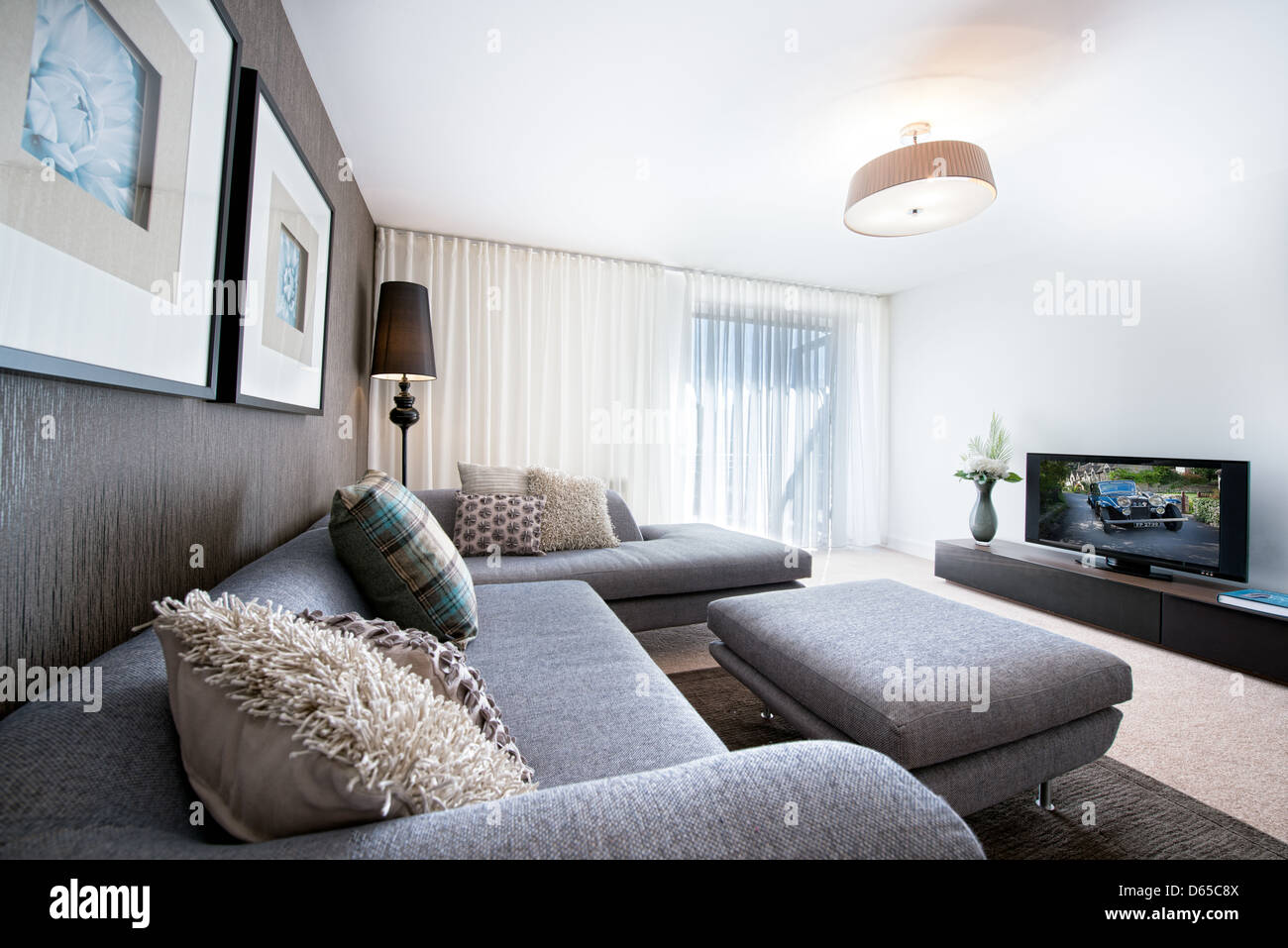 Un divano e cuscini e stabiliti nella parte anteriore di un televisore in una ben decorata, ordinato soggiorno moderno Foto Stock