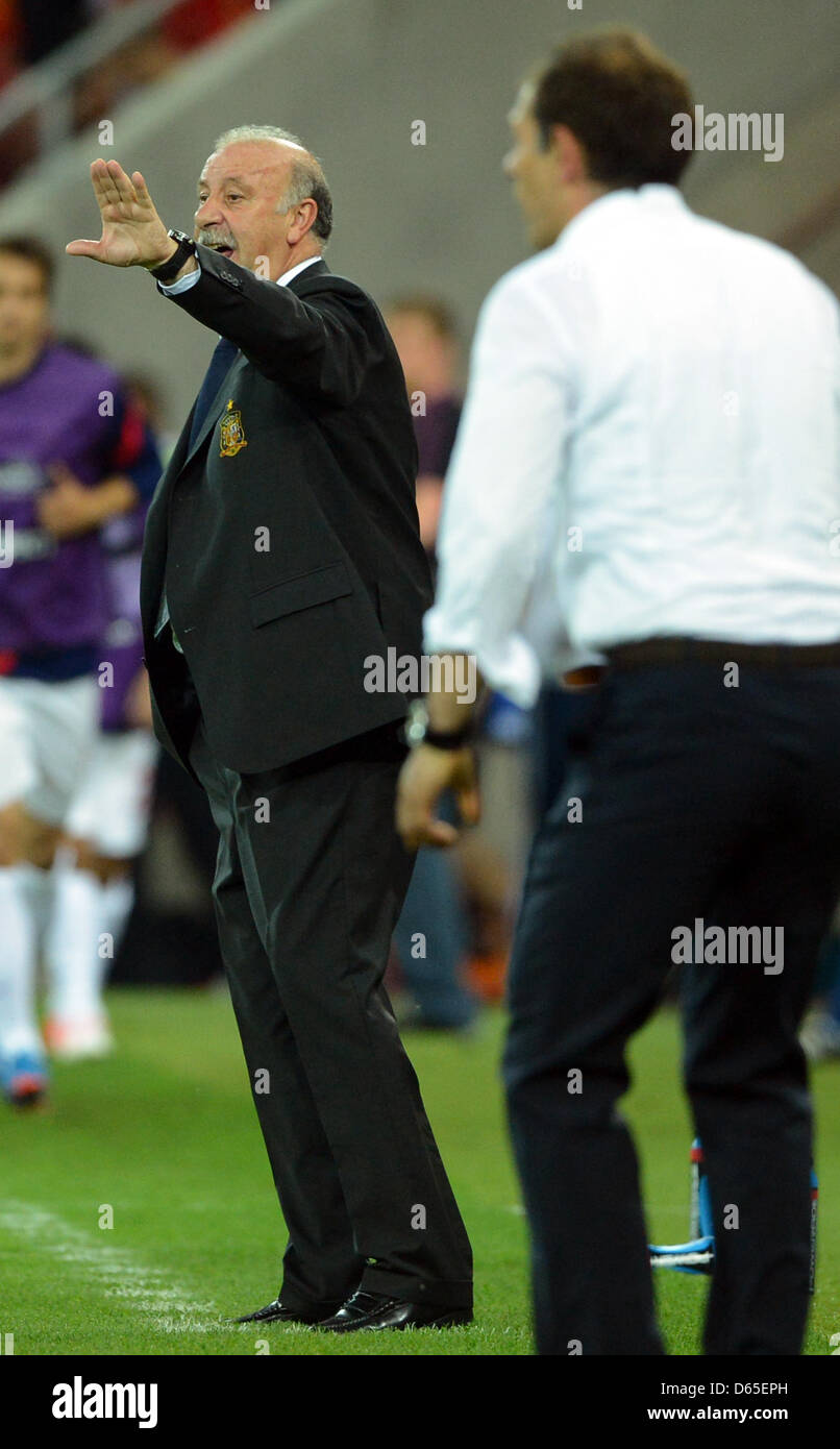 Spagna il capo allenatore Vicente Del Bosque (L) accanto alla Croazia head coach Slaven Bilic durante UEFA EURO 2012 gruppo C partita di calcio Croazia vs Spagna a Arena Danzica Danzica, Polonia, 18 giugno 2012. Foto: Marcus Brandt dpa (si prega di fare riferimento ai capitoli 7 e 8 del http://dpaq.de/Ziovh per UEFA EURO 2012 Termini & Condizioni) +++(c) dpa - Bildfunk+++ Foto Stock