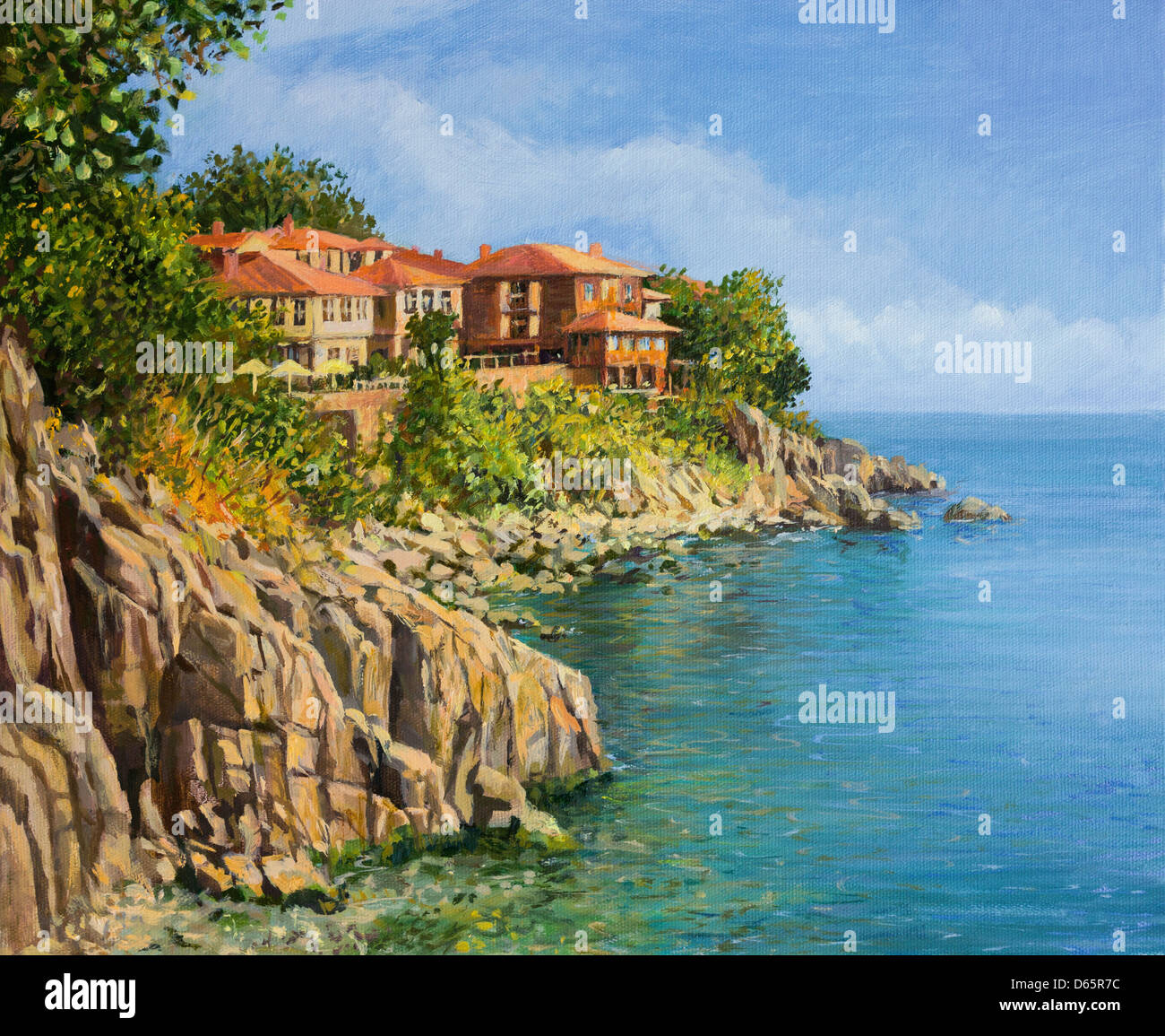 Un dipinto ad olio su tela di una tranquilla giornata estiva in Sozopol, Bulgaria, con crystal clear calme acque della baia Foto Stock