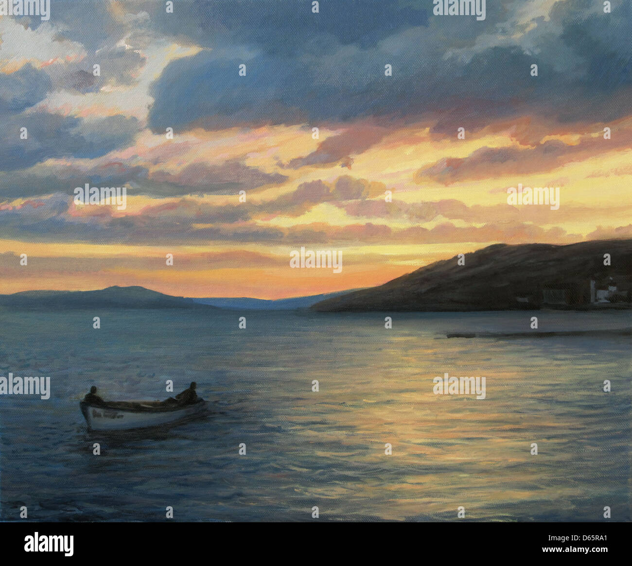 Un dipinto ad olio su tela di un colorato tramonto sul mare con una piccola barca da pesca per ritornare in porto . Foto Stock
