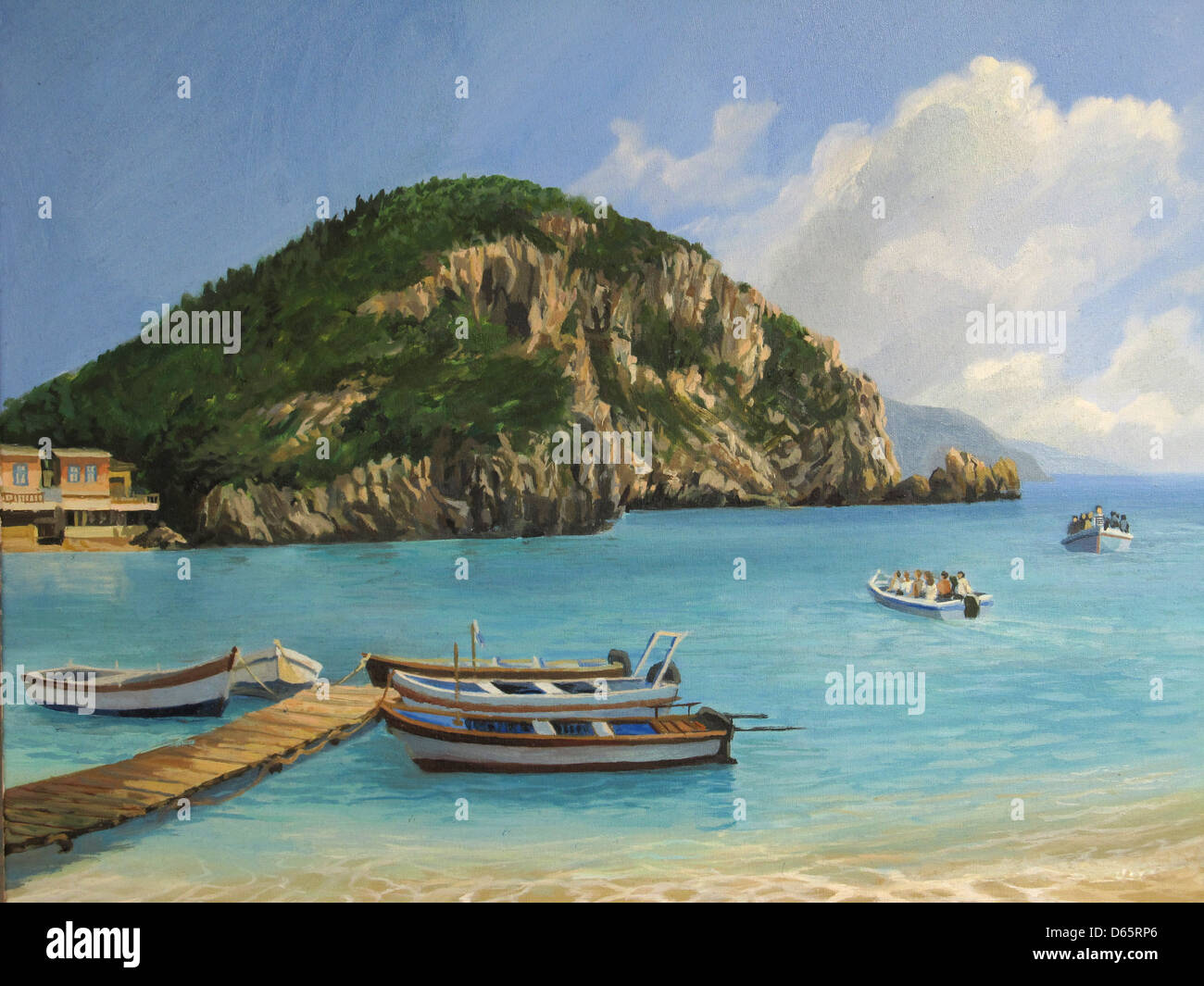 Un dipinto ad olio su tela di imbarcazioni turistiche nella baia di Paleokastritsa sull isola di Corfù. Foto Stock