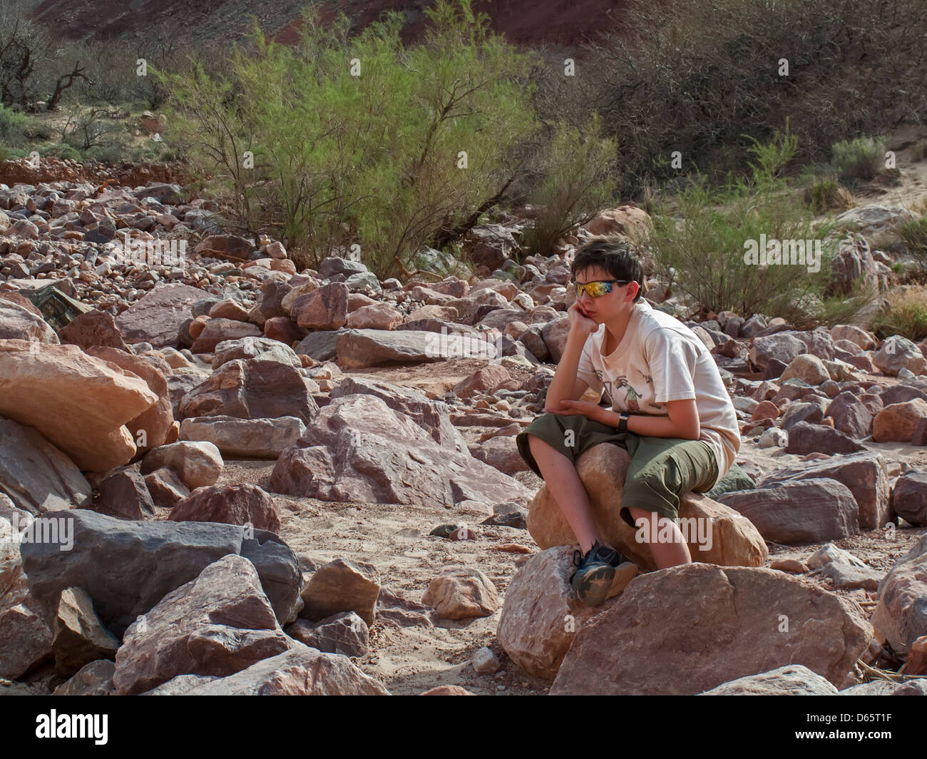Parco Nazionale del Grand Canyon, Arizona - Joey West, 14, si siede su una roccia dal fiume Colorado durante un viaggio zaino in spalla. Foto Stock