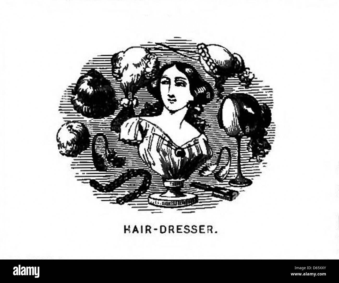 Questo logo vintage in bianco e nero presenta il marchio di un parrucchiere, caratterizzato da linee pulite e una tipografia semplice tipica del design grafico dei primi anni del XX secolo. Il logo rappresenta la professione dell'acconciatura e la sua attenzione alla cura personale e alla bellezza. Foto Stock