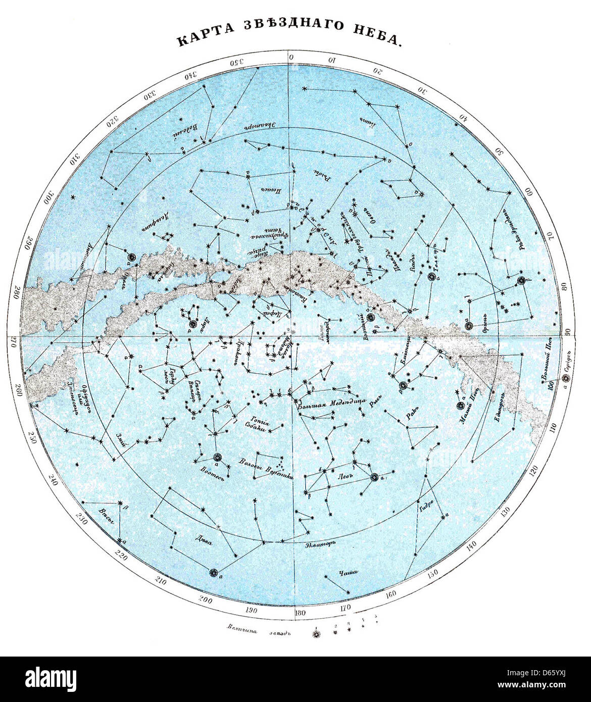 Questa illustrazione del dizionario enciclopedico Brockhaus ed Efron raffigura costellazioni, con una dettagliata rappresentazione astronomica delle stelle. L'opera fa parte dell'enciclopedia russa completa che fornisce risorse educative sull'astronomia. Foto Stock