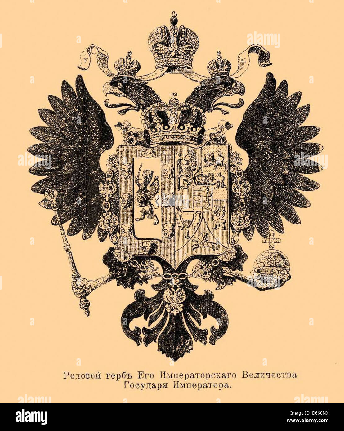 Questa illustrazione tratta dal dizionario enciclopedico Brockhaus ed Efron presenta uno stemma dettagliato, che rappresenta l'araldica nella cultura russa. Il pezzo è di pubblico dominio e mostra la ricca tradizione dello stemma russo e dei simboli di famiglia. Foto Stock
