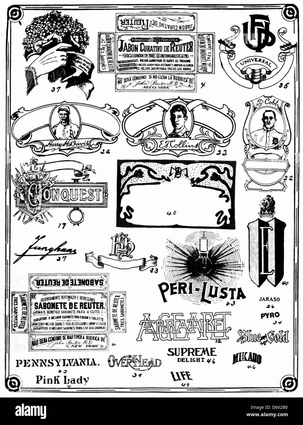 Il logo Peri-Lusta presenta un design pulito e vintage con una tipografia semplice ma efficace. Rappresenta un marchio che probabilmente è stato coinvolto nel settore della bellezza, della salute o della moda, riflettendo le tendenze dei logo dei primi anni del XX secolo. Foto Stock