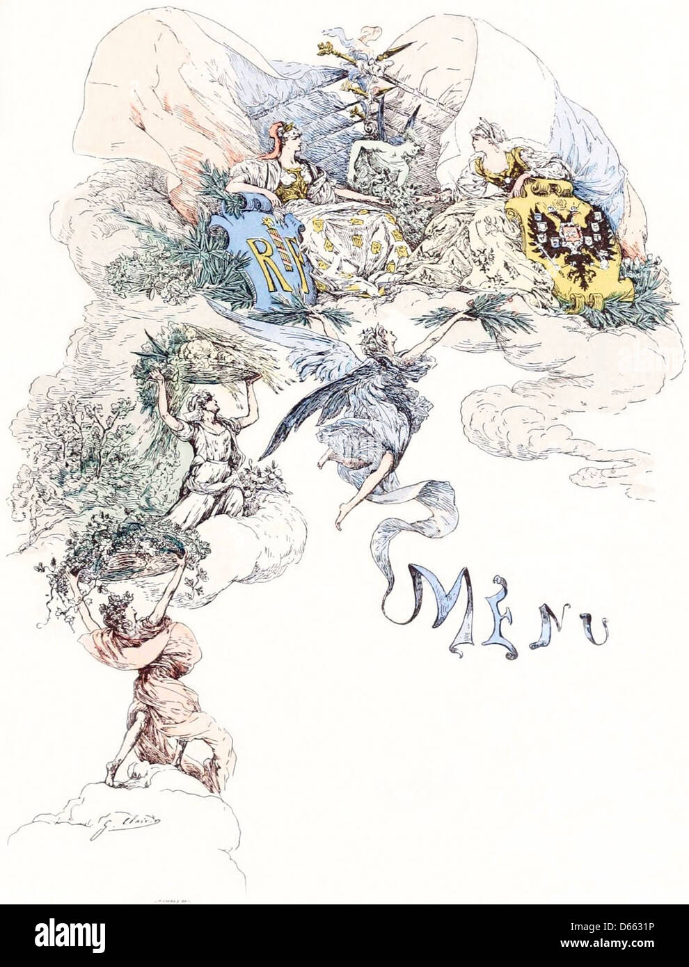 Un menu francese di 1896 portate da una cena ospitata per lo Zar al Palais de l'Élysée. Il menu, disegnato da Leon Maillard, riflette l'elegante stile Belle Époque e presenta ornamenti tipografici ed elementi decorativi. Foto Stock