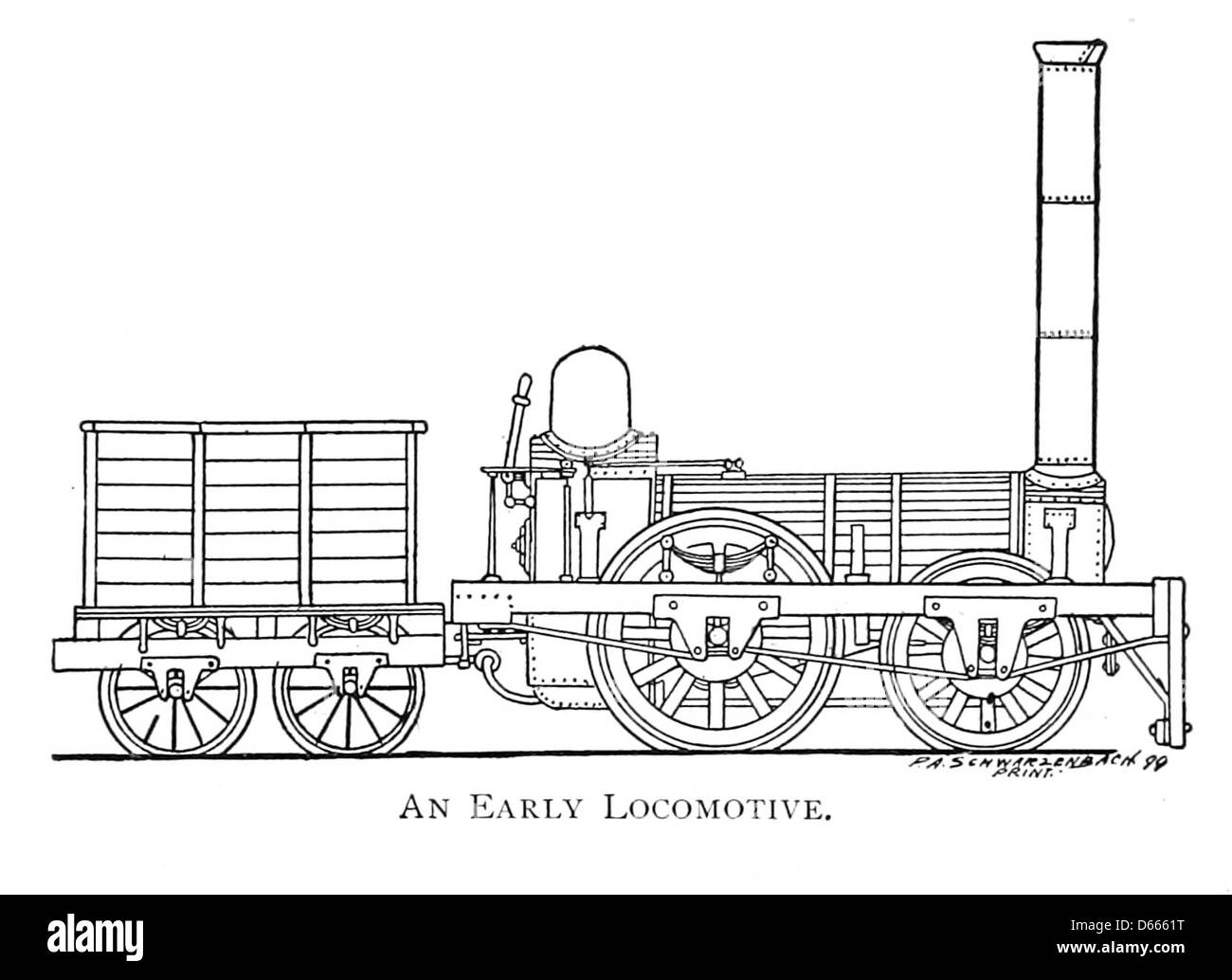 Questa immagine tratta da "A Short History of the United States" (1900) raffigura una prima locomotiva americana, evidenziando i progressi tecnologici nel trasporto durante l'era industriale. La locomotiva simboleggia la crescita delle ferrovie e l'espansione degli Stati Uniti. Foto Stock