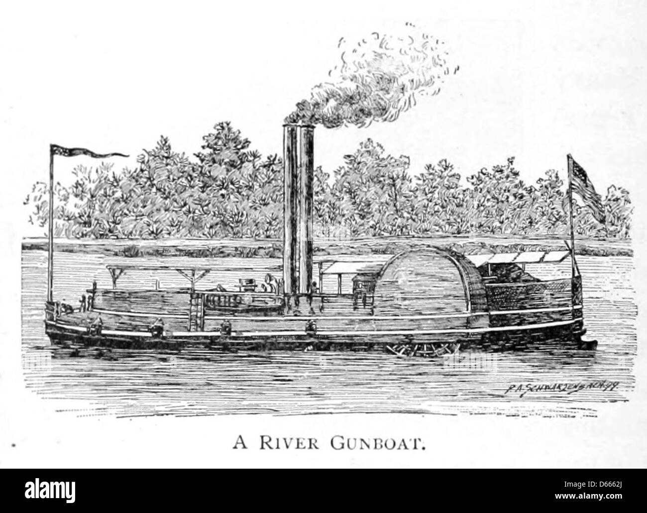 Un'immagine del 1900 di una cannoniera fluviale, come descritto in una breve storia degli Stati Uniti per uso scolastico. L'immagine raffigura il tipo di nave militare utilizzata tra la fine del XIX e l'inizio del XX secolo, giocando un ruolo chiave nella guerra fluviale e nelle operazioni militari sui corsi d'acqua americani. Foto Stock