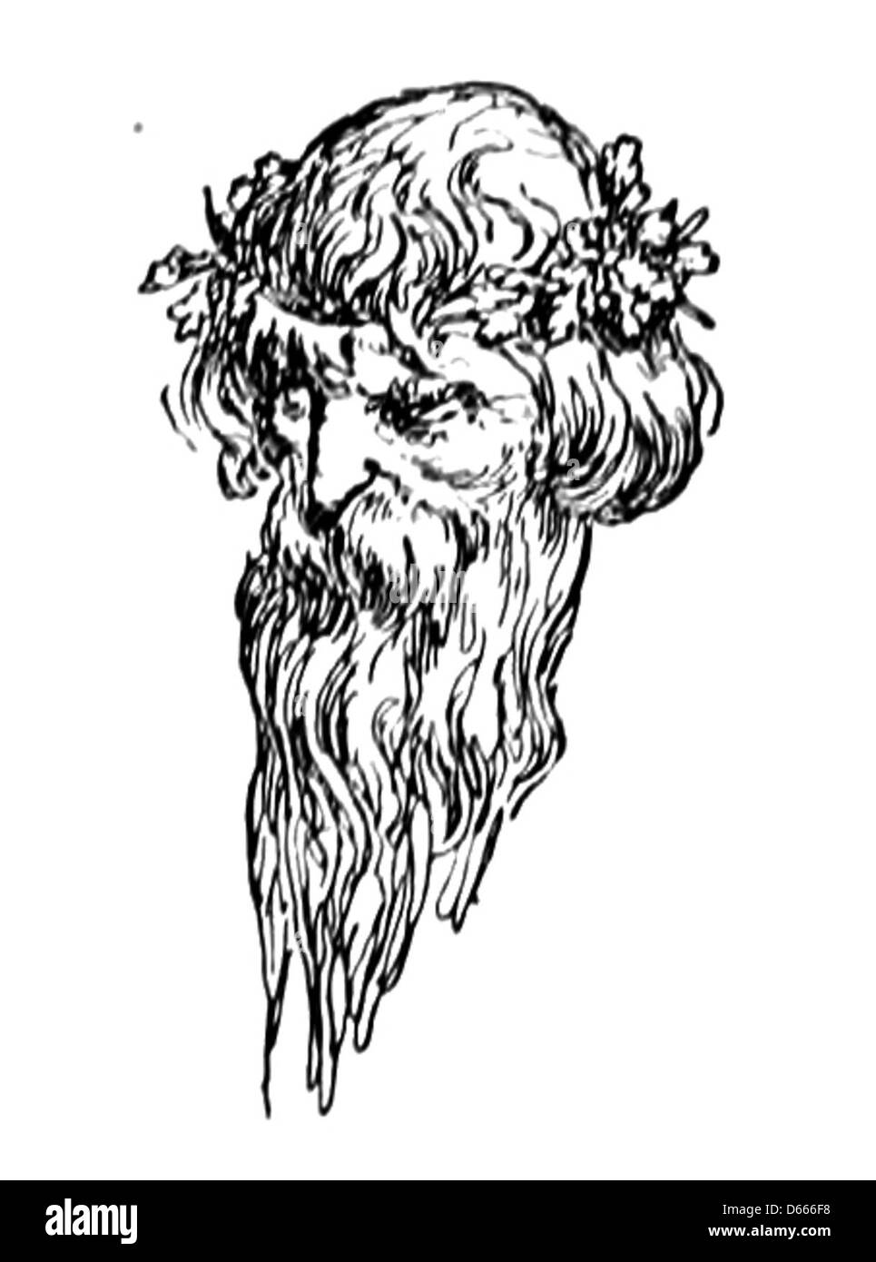 Questa illustrazione del 1909 tratta da «A Song of the English» di Rudyard Kipling di W. Heath Robinson mostra un vecchio, una figura simbolica della ricca storia e saggezza dell’Inghilterra. Il disegno riflette la profondità letteraria e culturale del lavoro di Kipling, catturando l'essenza dell'eredità della nazione. Foto Stock