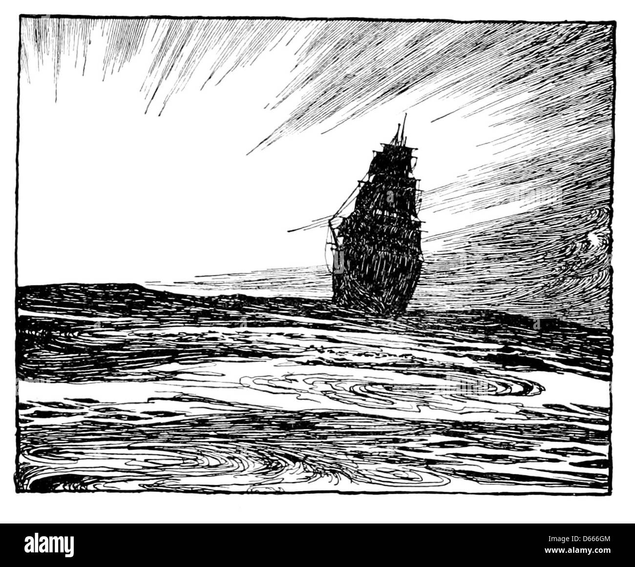 Un'illustrazione tratta da "A Song of the English" (1909) di Rudyard Kipling, con una nave in mare durante il tramonto. L'immagine, illustrata da W. Heath Robinson, cattura il potere del mare e lo spirito di esplorazione. Foto Stock