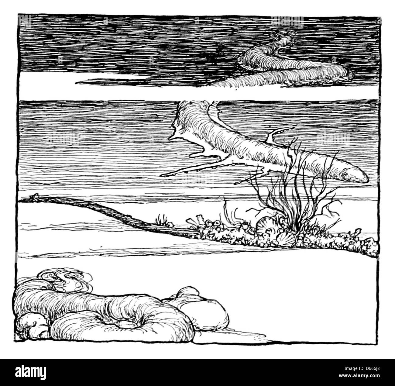 Questa illustrazione del 1909 di W. Heath Robinson accompagna il poema di Rudyard Kipling "A Song of the English", che rappresenta visivamente i temi dell'identità inglese e dell'orgoglio nazionale con illustrazioni stravaganti e stravaganti di "vermi strani". Foto Stock