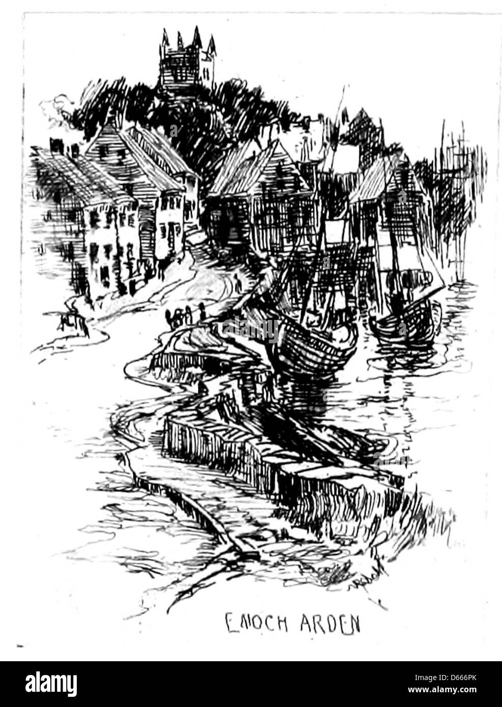 Questa collezione di souvenir del 1891 presenta otto incisioni su carta giapponese, ognuna delle quali illustra i temi chiave della poesia di Alfred Tennyson, tra cui la sua famosa opera "Enoch Arden". Le incisioni forniscono una rappresentazione visiva dell'eredità letteraria di Tennyson. Foto Stock