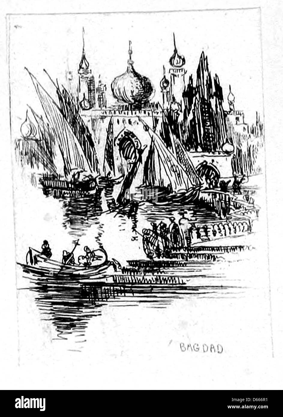 Una collezione di souvenir del 1891 con otto incisioni su carta giapponese, che illustrano scene legate ad Alfred Tennyson, il famoso poeta inglese. La collezione potrebbe includere riferimenti a opere o temi della poesia di Tennyson, con un ambiente esotico come Bagdad. Foto Stock