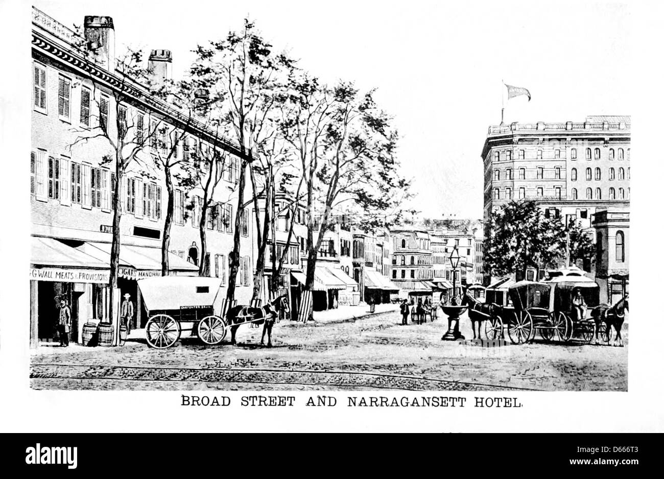 Una fotografia del 1888 intitolata "A souvenir of Providence", che presenta vedute di Broad Street e del Narragansett Hotel nel Rhode Island. L'immagine mostra le caratteristiche architettoniche di questi monumenti durante la fine del XIX secolo. Foto Stock