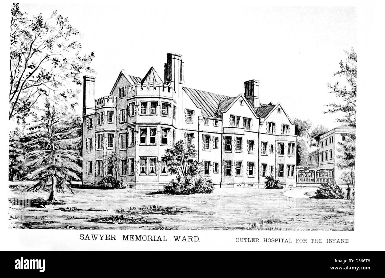 Un'immagine del 1888 tratta da "A souvenir of Providence", che mostra l'ospedale Butler per i pazzi, incluso il Sawyer Memorial Ward. Questa vista storica cattura un edificio significativo nel trattamento della salute mentale nel Rhode Island del XIX secolo. Foto Stock