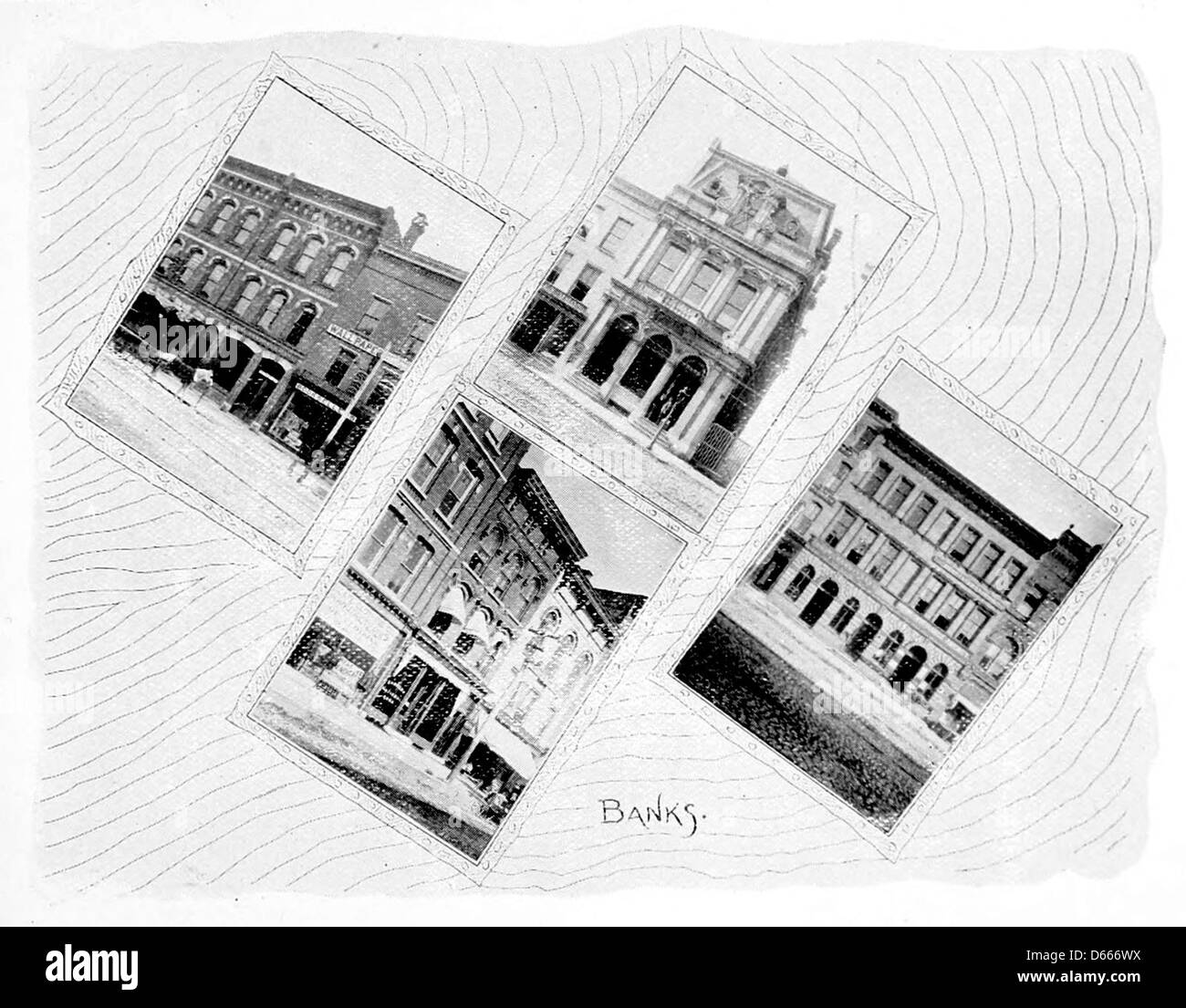 Un'immagine tratta da "A souvenir of Rome, N.Y." (1894), con un'illustrazione delle banche della città di Roma, New York. L'immagine mostra l'architettura locale e il paesaggio sul lungofiume. Foto Stock