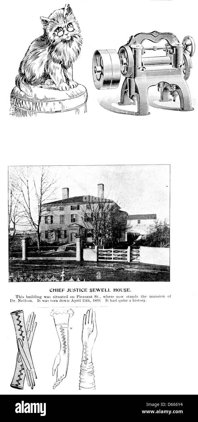 Questa illustrazione ricordo del 1895 raffigura Marblehead, Massachusetts, e include una scena con un gattino, una modella, guanti e macchine per scarpe, che offre uno sguardo sia sulla vita locale che sull'industria durante la fine del XIX secolo. Foto Stock