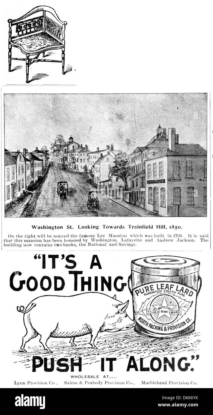 Questa fotografia del 1895 tratta da *Un souvenir di Marblehead* presenta una scena che include una sedia vintage, un maiale e riferimenti a luoghi di interesse locali come Washington Street, con un cenno all'uso di Pure Leaf Lard nella zona durante quel periodo. Foto Stock