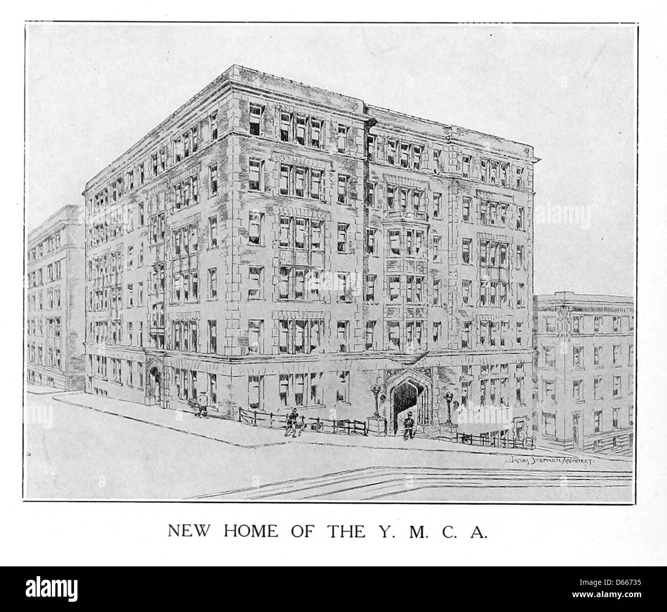 Una fotografia di "A souvenir of Seattle" (1909), che mostra l'edificio YMCA a Seattle, Washington. L'edificio riflette il design architettonico dell'inizio del XX secolo ed era un centro per le attività e i servizi della comunità. Foto Stock