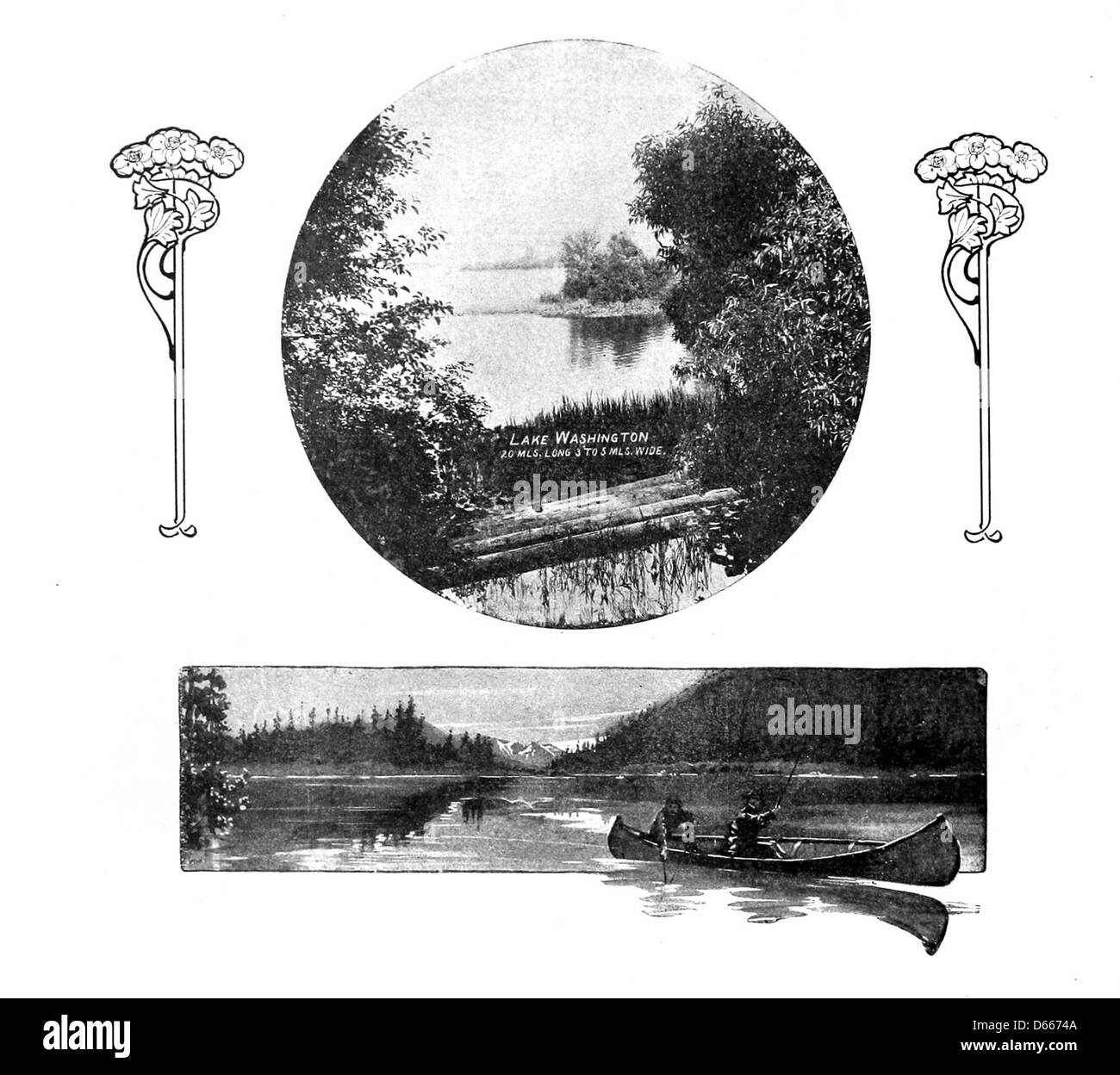 Un'immagine ricordo del 1909 da Seattle, Washington, che cattura scene della città e dei suoi paesaggi, comprese le vedute del lago Washington. La foto evidenzia la bellezza naturale e lo sviluppo urbano della città alla fine del secolo. Foto Stock