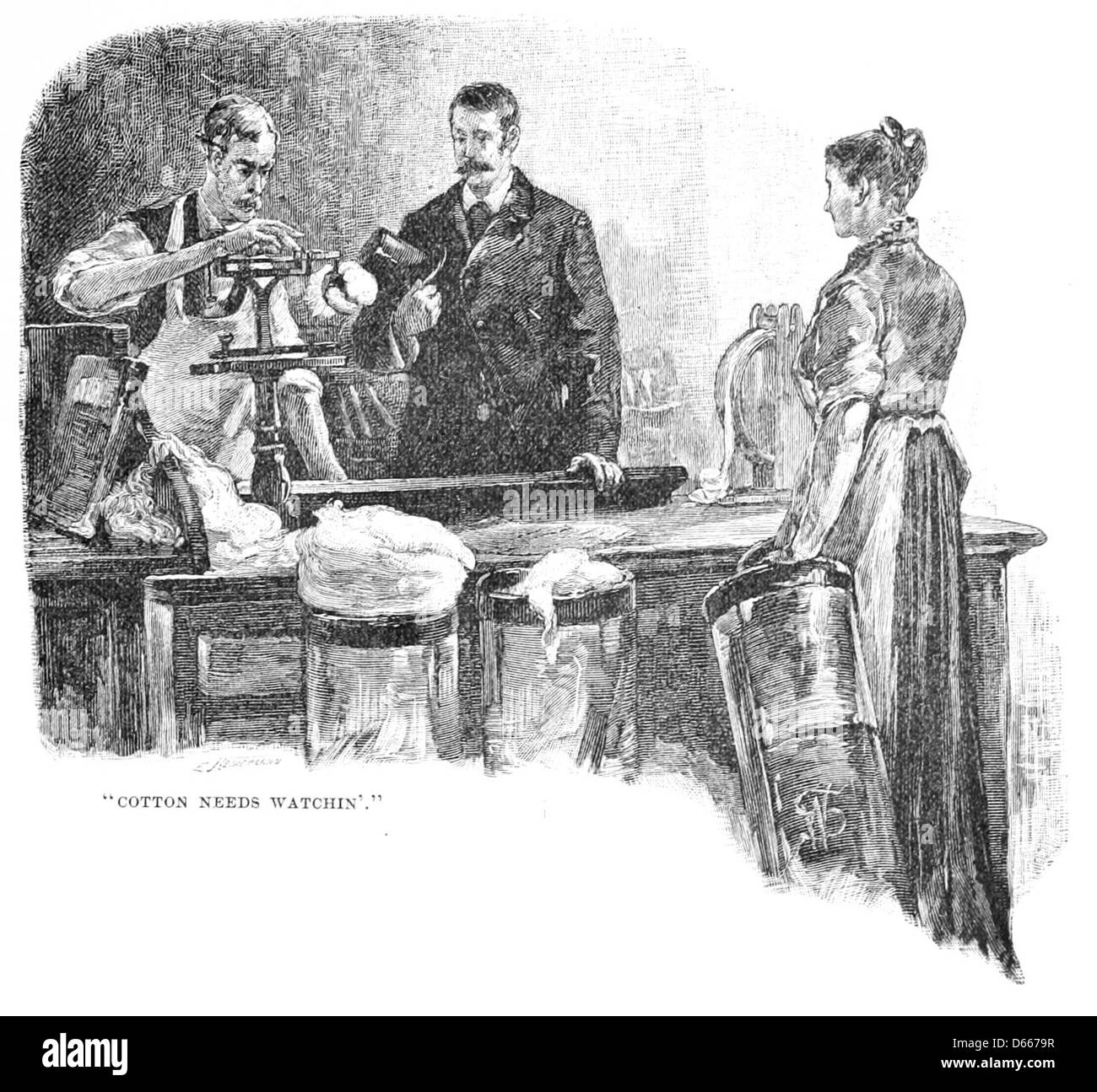 Illustrazione 1879 che raffigura il processo di produzione del filo di cotone. Sottolinea il ruolo dei semi di cotone e l'importanza di monitorarne lo sviluppo per garantire una produzione di fili di qualità. Foto Stock
