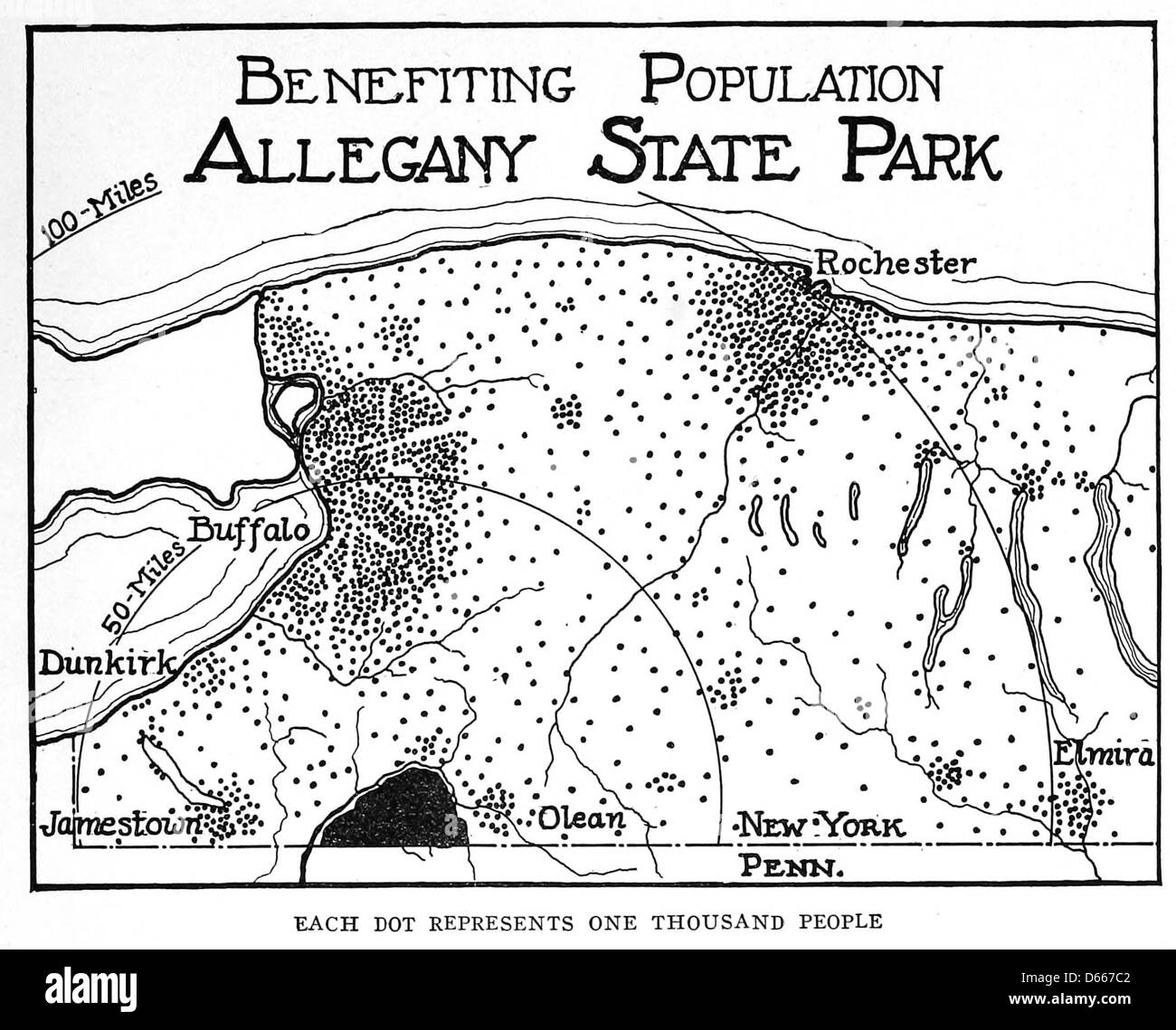 Questa proposta del 1922 per la creazione dell'Allegany State Park a New York riflette gli sforzi dell'inizio del XX secolo per preservare i paesaggi naturali e sviluppare i parchi statali come parte del crescente movimento di conservazione ambientale. Foto Stock