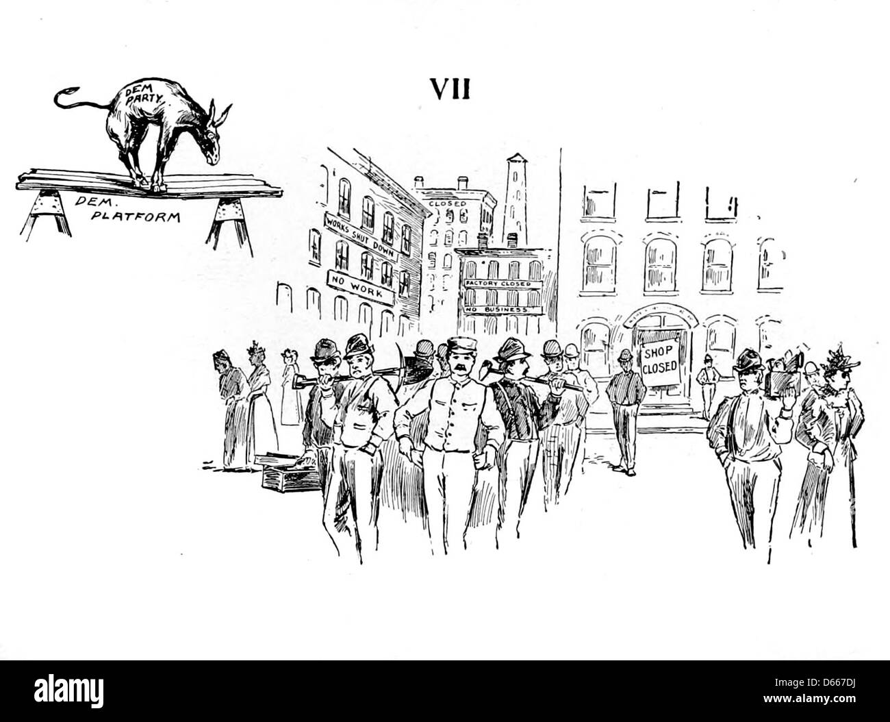 Un'illustrazione o cartone animato politico del 1894 che raffigura la posizione del Partito Democratico sul libero scambio, l'imposta sul reddito e le tariffe. L'immagine rappresenta le questioni politiche chiave dell'epoca senza parole, consentendo allo spettatore di interpretare visivamente il messaggio. Foto Stock
