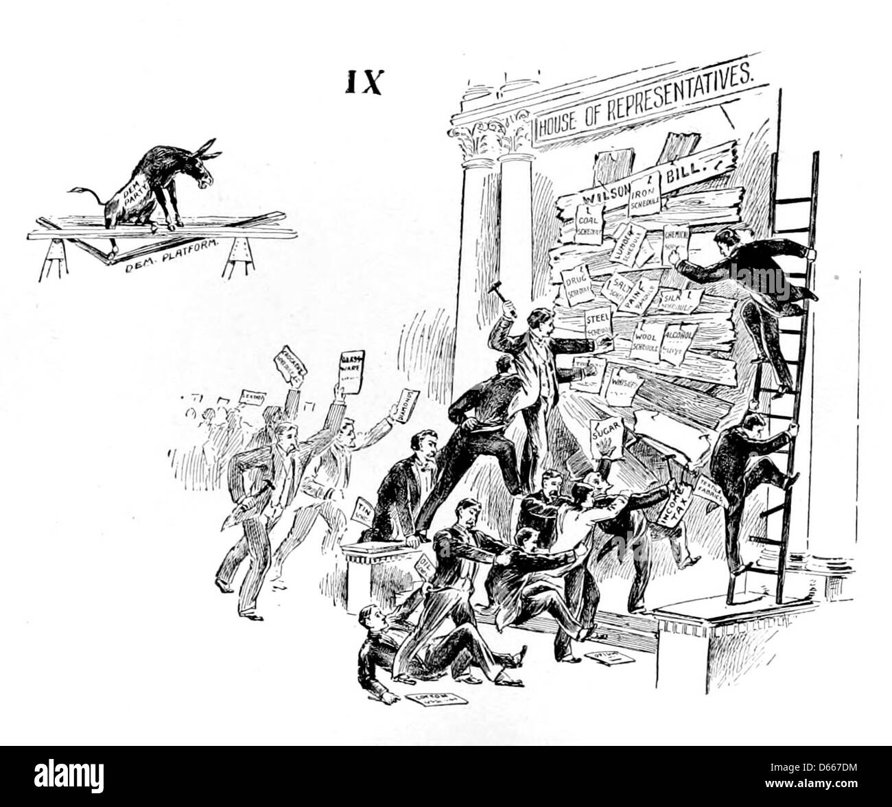 Un'illustrazione tratta da "A Story Without Words" (c1894), che satira la scena politica del 1894 con riferimenti al libero scambio, all'imposta sul reddito e ai dibattiti tariffari tra il Partito Democratico. Foto Stock