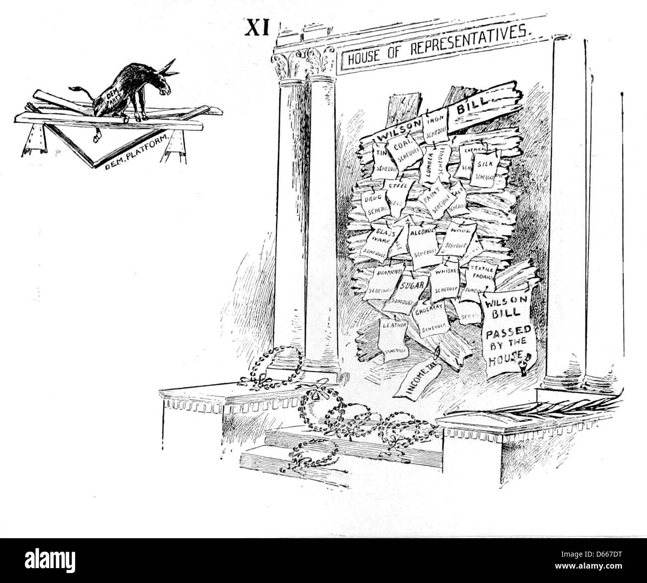 Questa illustrazione politica del 1894, "A Story Without Words", utilizza immagini per descrivere temi di libero scambio, imposta sul reddito e questioni tariffarie dal punto di vista del Partito Democratico durante quel periodo. Foto Stock