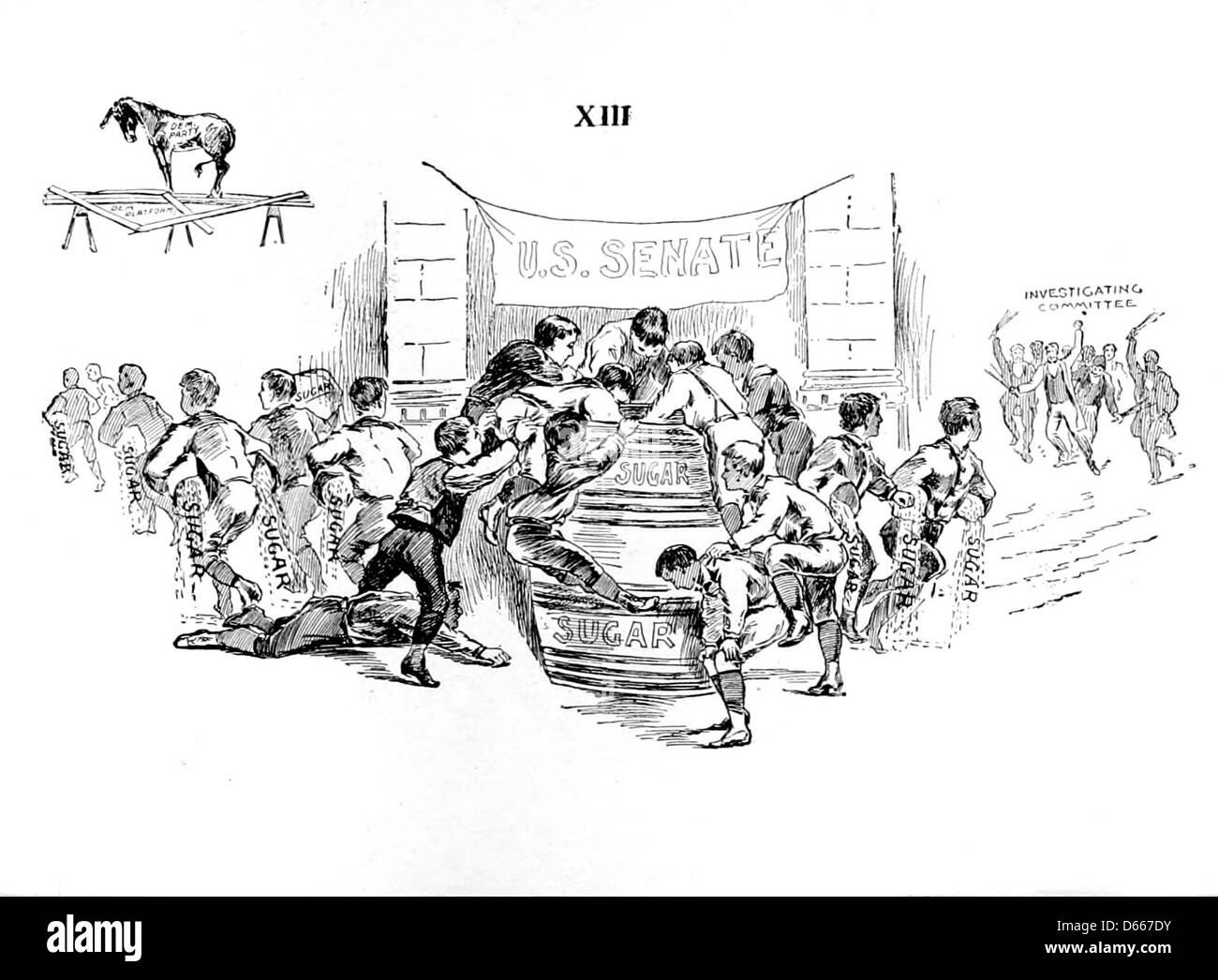 Questa immagine del 1894 circa illustra una narrazione politica relativa alla posizione del Partito Democratico sul libero scambio, sulle imposte sul reddito e sulle tariffe. L'illustrazione riflette il clima politico dell'epoca e i dibattiti su questi temi alla fine del XIX secolo. Foto Stock